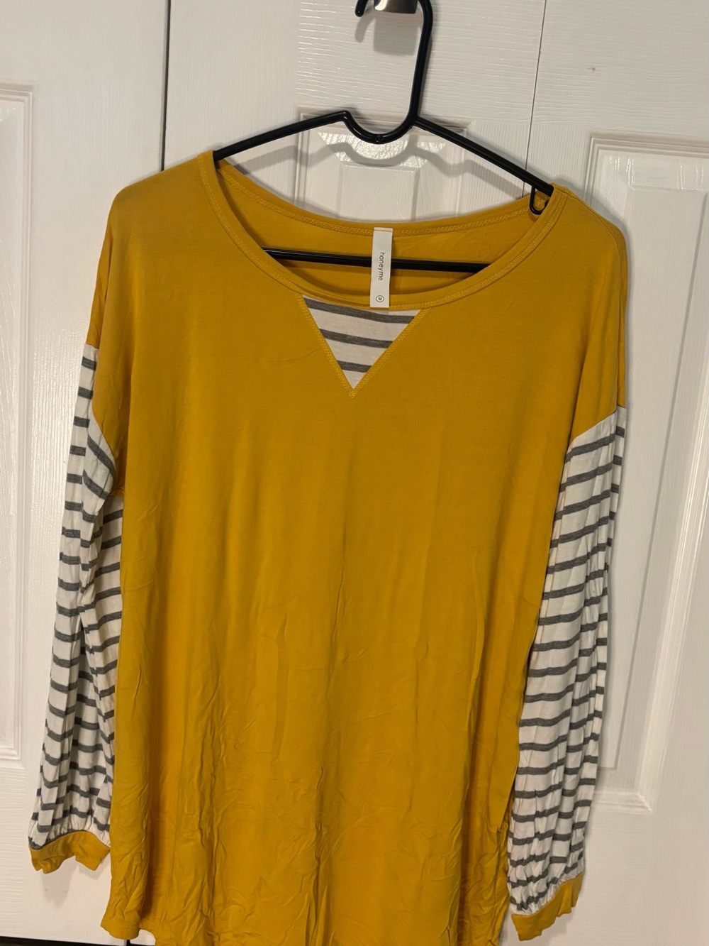 Honeyme Mustard Yellow Long Sleeve Top with Gray and White Striped Sleeves